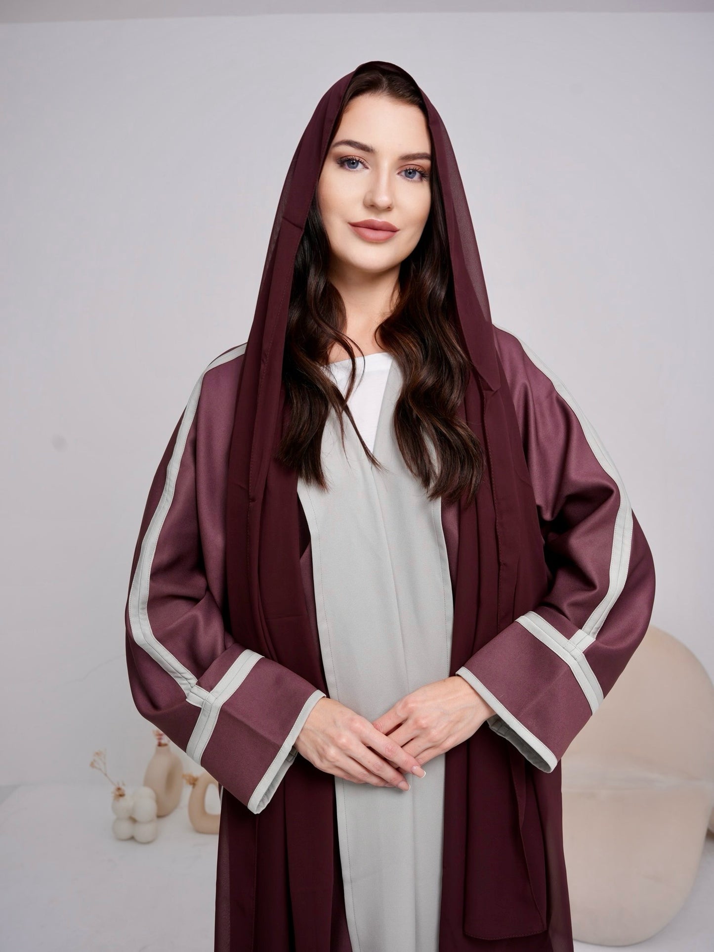 Lina's Burgundy and Grey Abaya