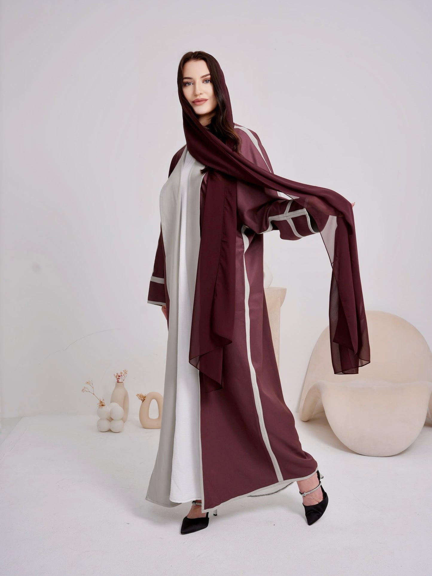 Lina's Burgundy and Grey Abaya